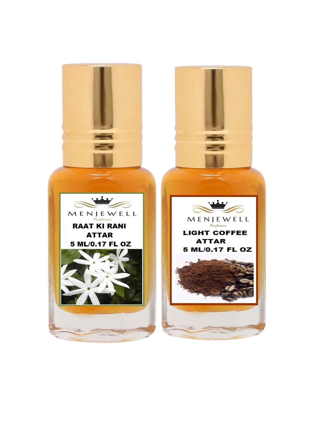 

Menjewell Unisex Set Of 2 Raat Ki Rani & Light Coffee Attars 10ml, Transparent