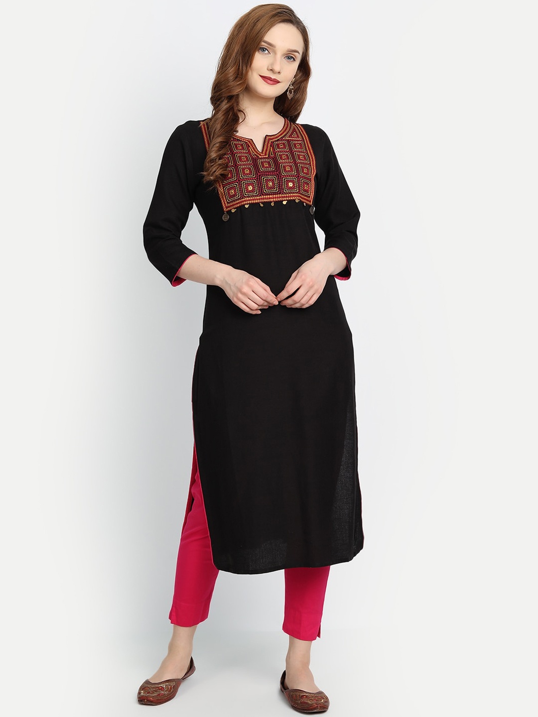 

fabGLOBAL Women Black Embroidered Keyhole Neck Thread Work Handloom Kurta