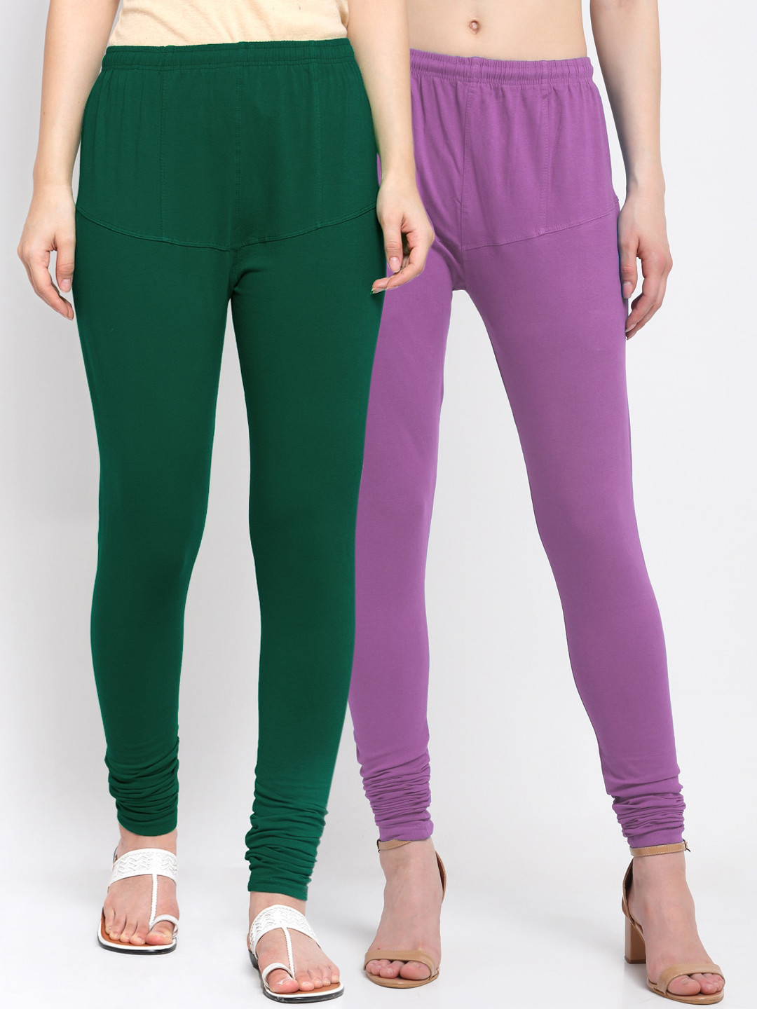 

KLOTTHE Women Pack Of 2 Lavender -Coloured & Green Solid Cotton Churidar-Length Leggings