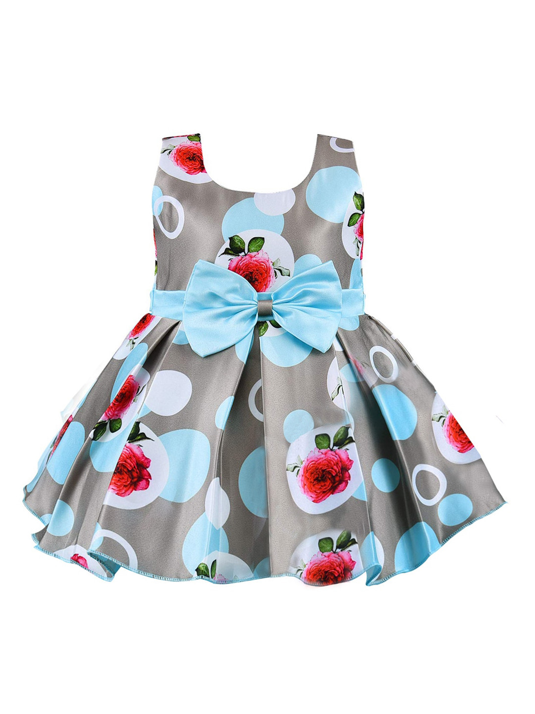 

Wish Karo Girls Grey & Blue Floral Box Pleated Satin Fit and Flare Dress