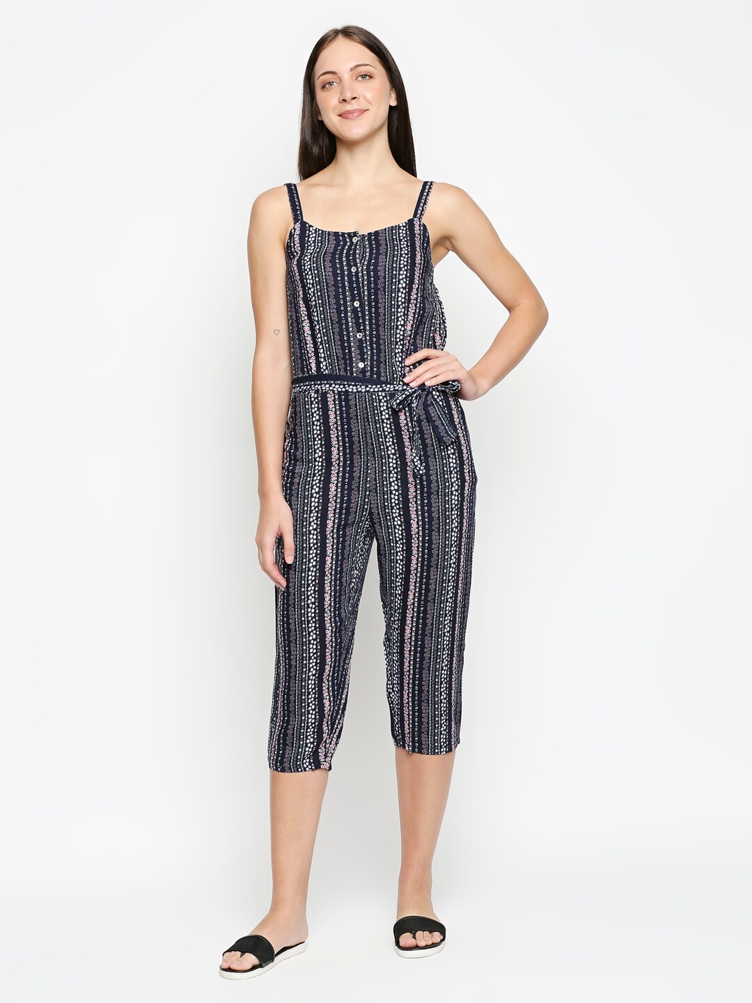 

XIN Navy Blue & White Printed Capri Jumpsuit
