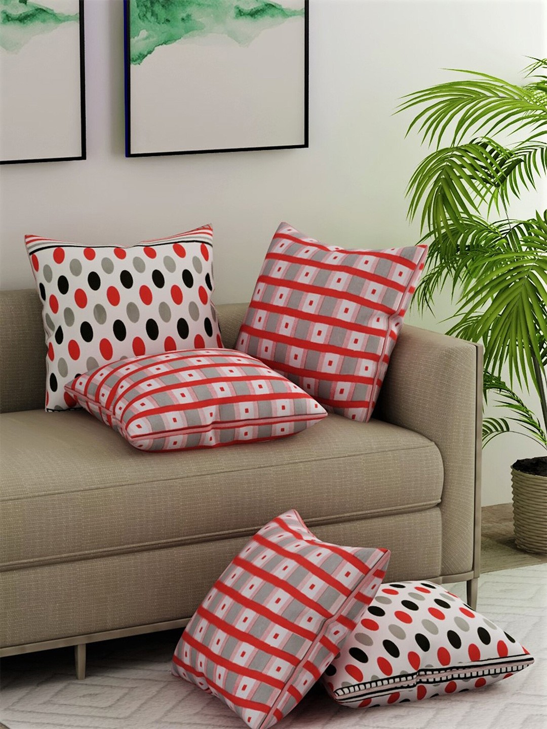 

Salona Bichona Set of 5 Abstract Printed Square Cushion Covers, Red
