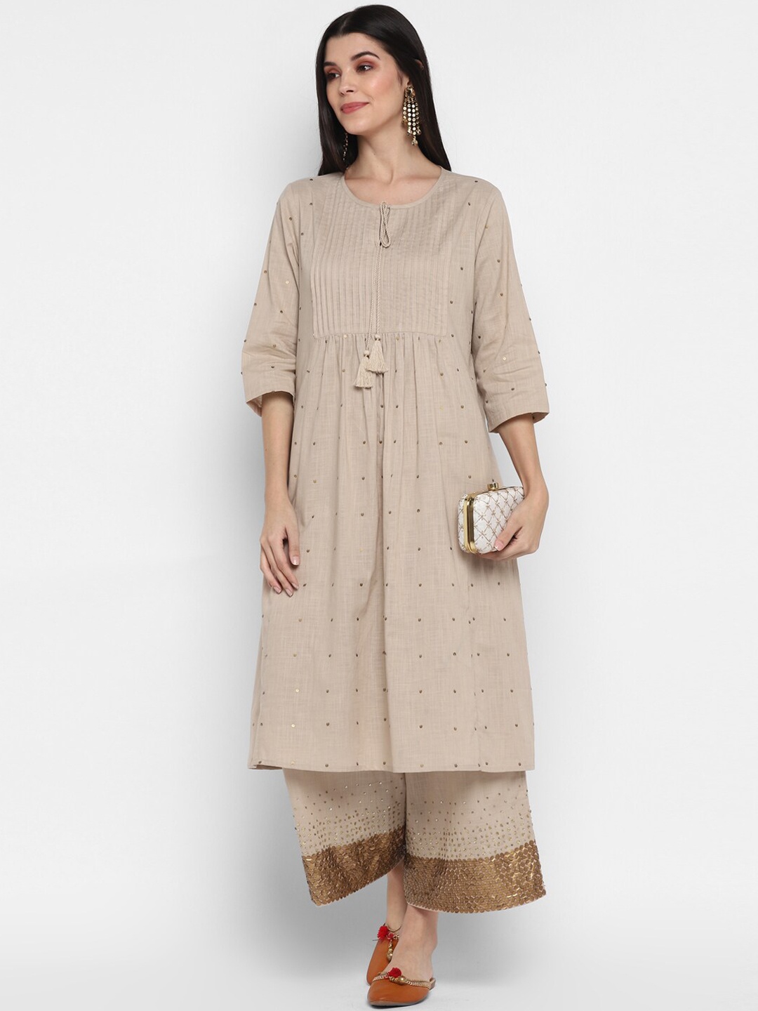 

BLANC9 Women Beige Printed Pleated Pure Cotton Kurta with Palazzos