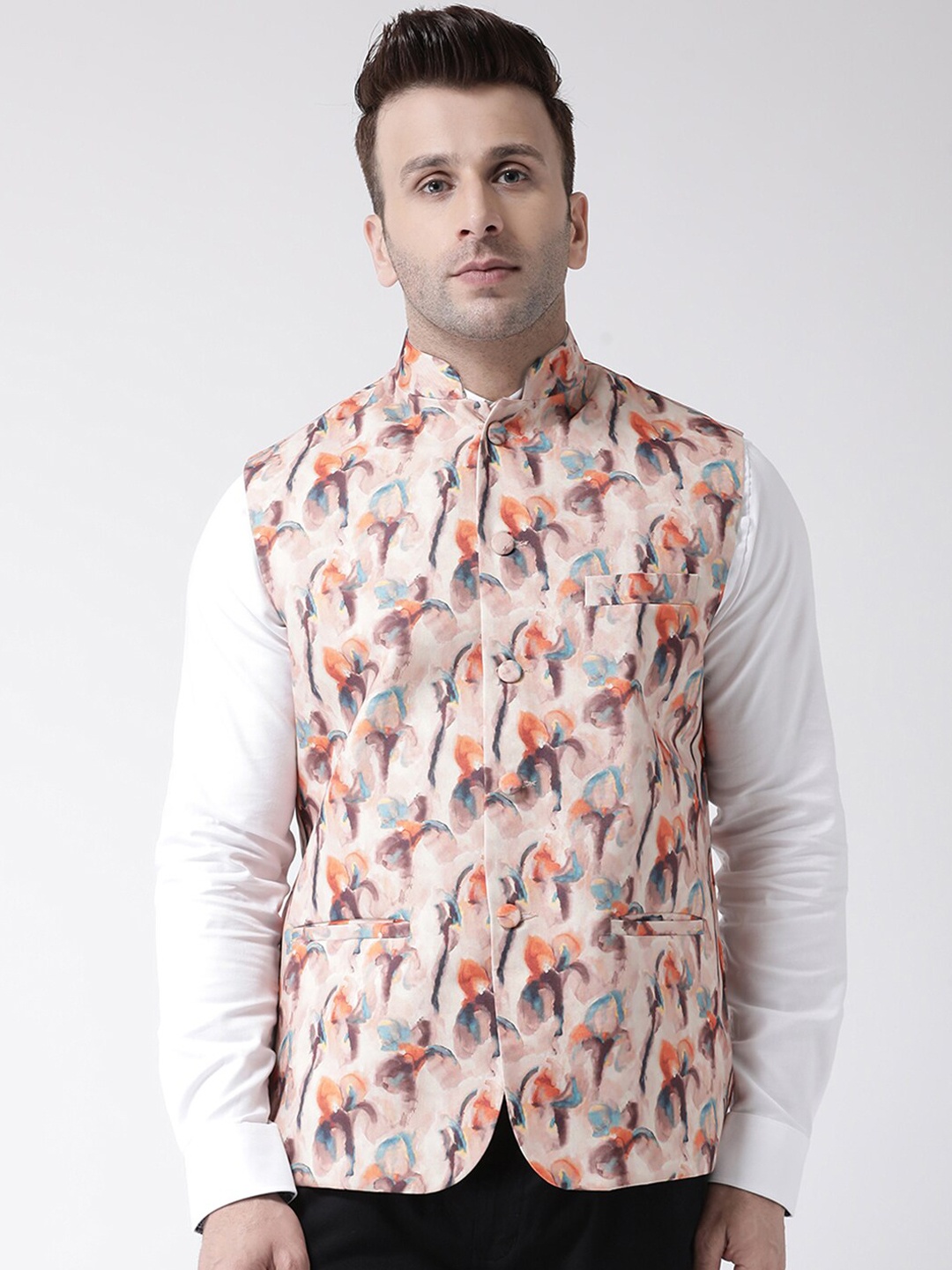 

Hangup Men Beige & Orange Printed Woven Nehru Jacket