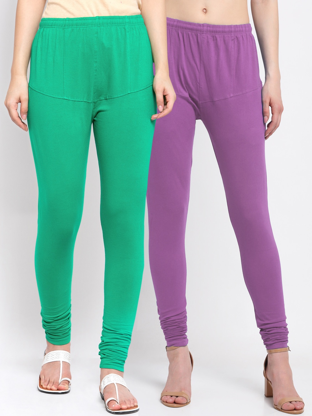 

KLOTTHE Women Pack Of 2 Green & Purple Solid Cotton Churidar-Length Leggings