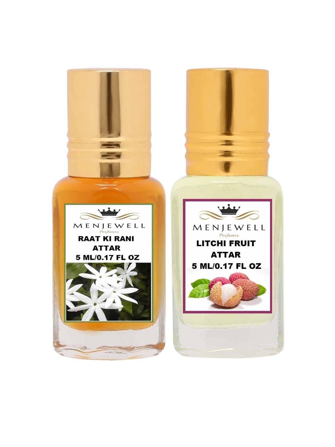 

Menjewell Pack of 2 Attar - Raat Ki Rani Litchi Fruit Attar 5 ml Each, Gold