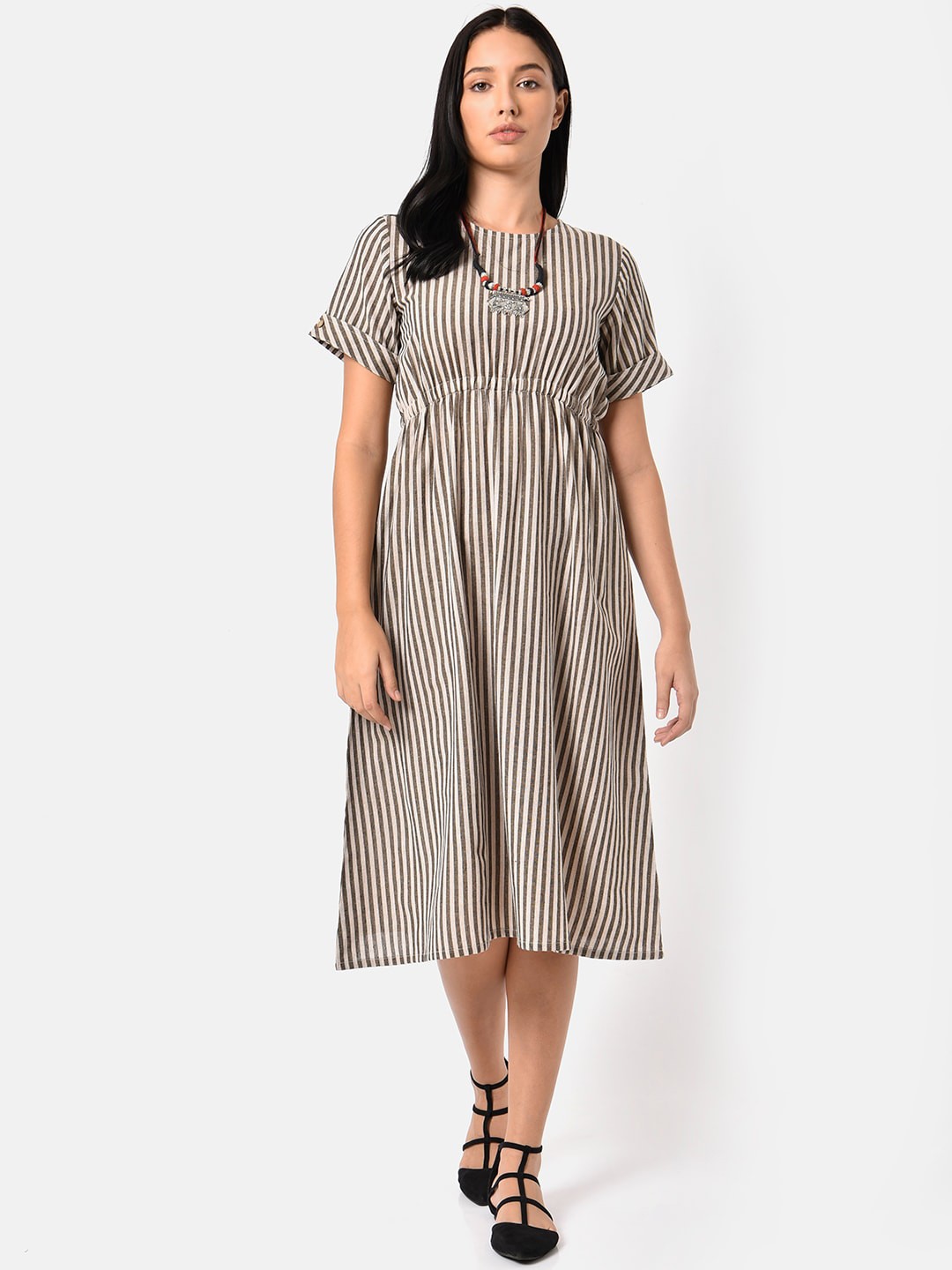 

Saaki Brown Striped Empire Midi Dress