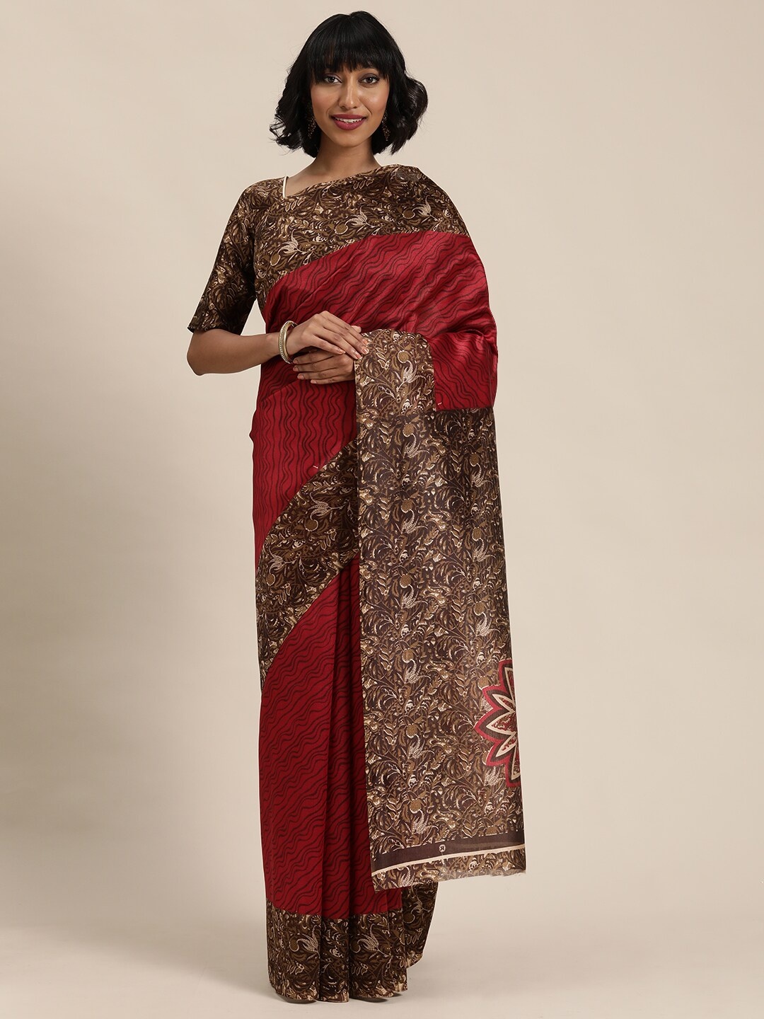 

KALINI Red & Brown Floral Silk Blend Bhagalpuri Saree