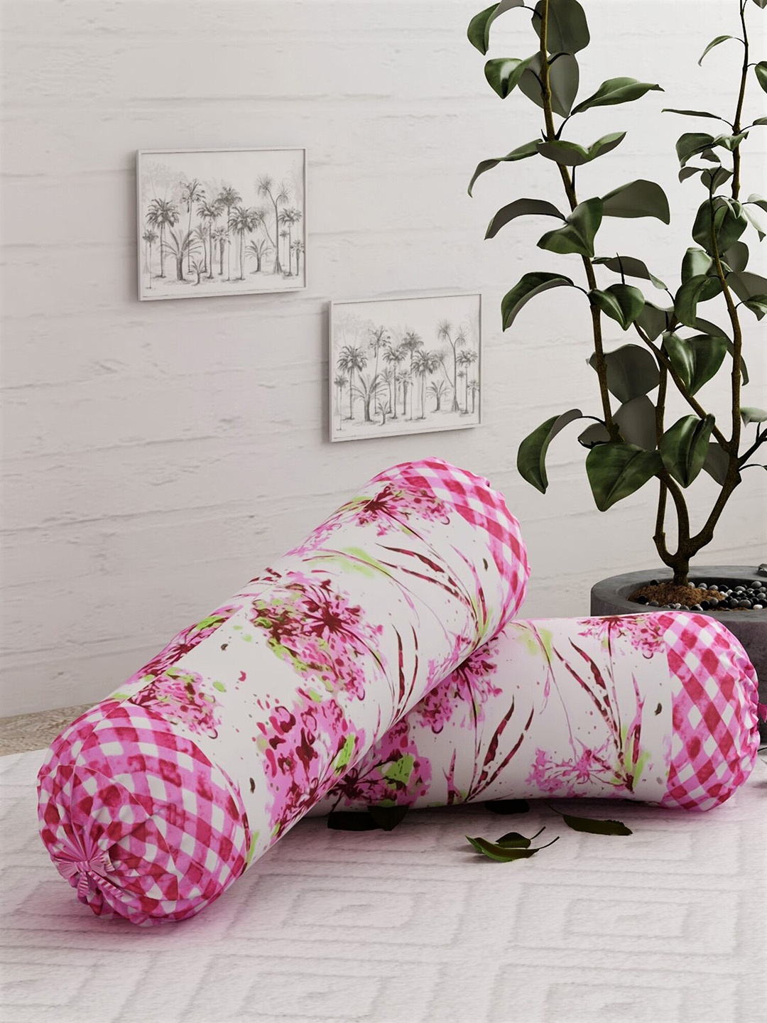 

Salona Bichona Set Of 2 Magenta Pink & White Printed Pure Cotton Bolster Covers
