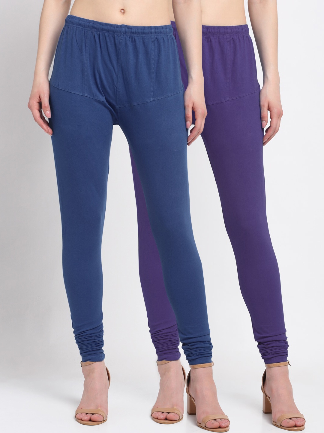 KLOTTHE Women Pack Of 2 Solid Cotton Churidar-Length Leggings, Blue