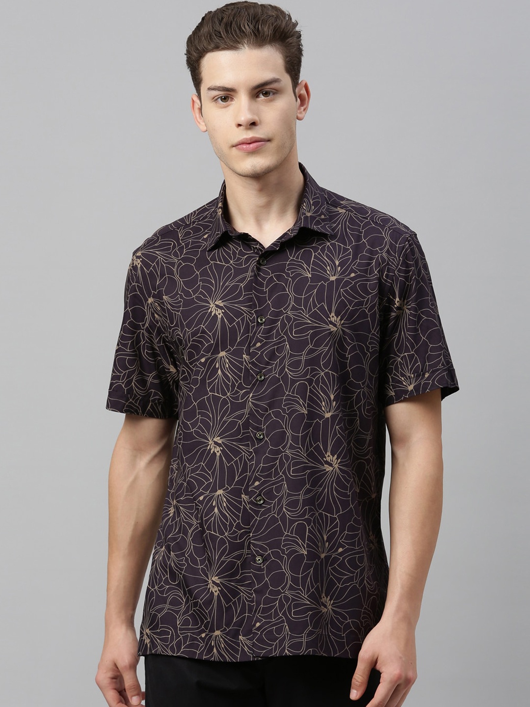 RARE RABBIT Men Purple Tailored Fit Floral Printed Casual Shirt