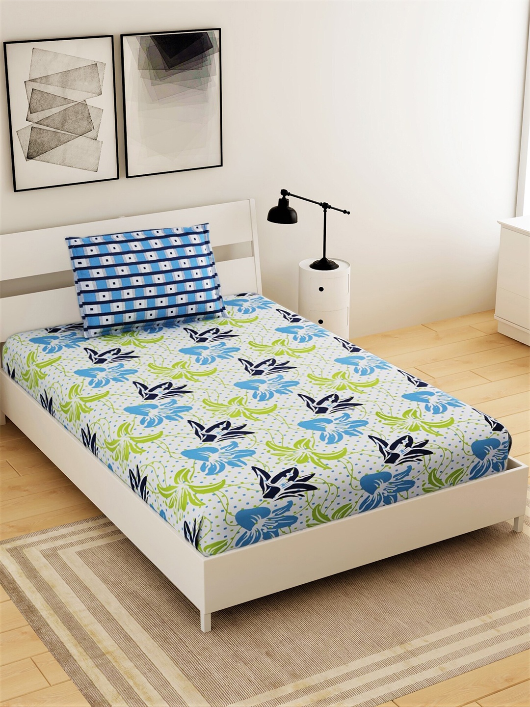 

Salona Bichona White & Blue Floral 104 TC Single Bedsheet with 1 Pillow Covers