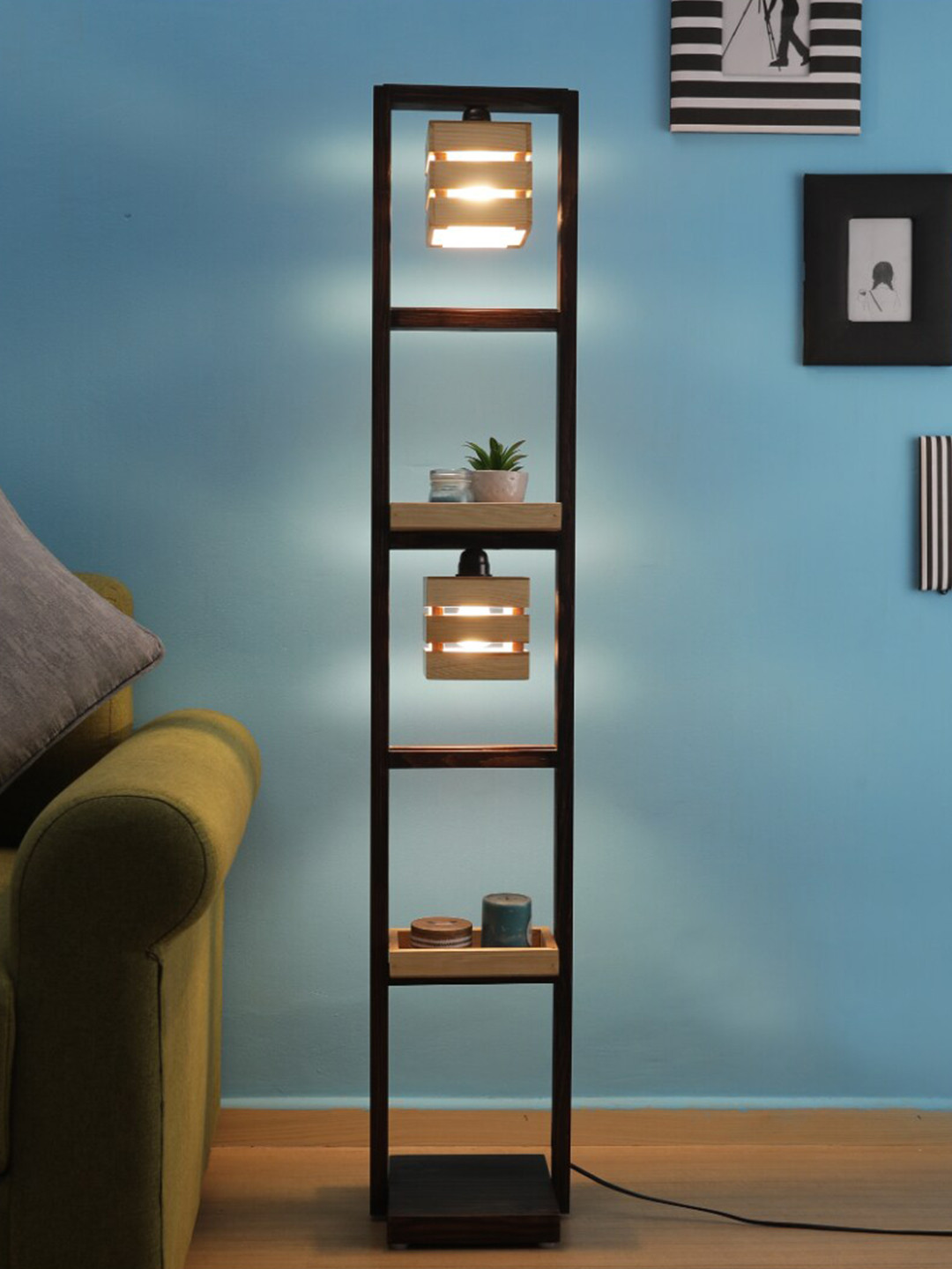 

SANDED EDGE Beige & Black Contemporary Shelf Lamp with Lanterns & Shades