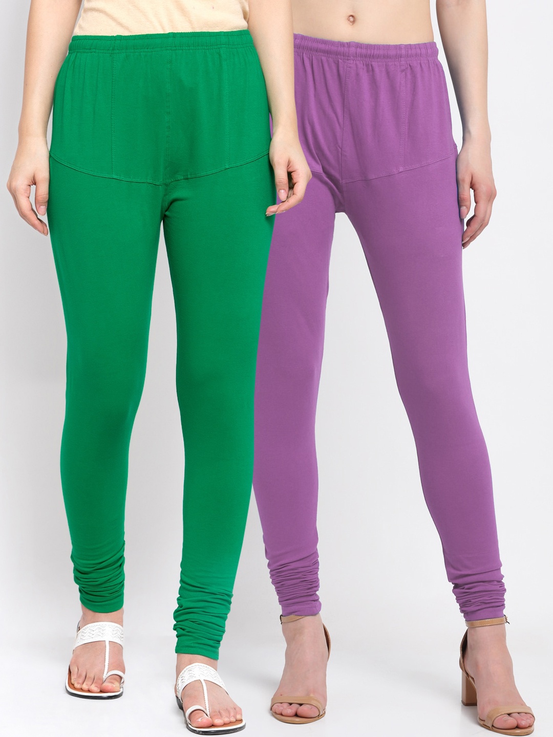 

KLOTTHE Women Pack Of 2 Purple & Green Solid Cotton Churidar-Length Leggings