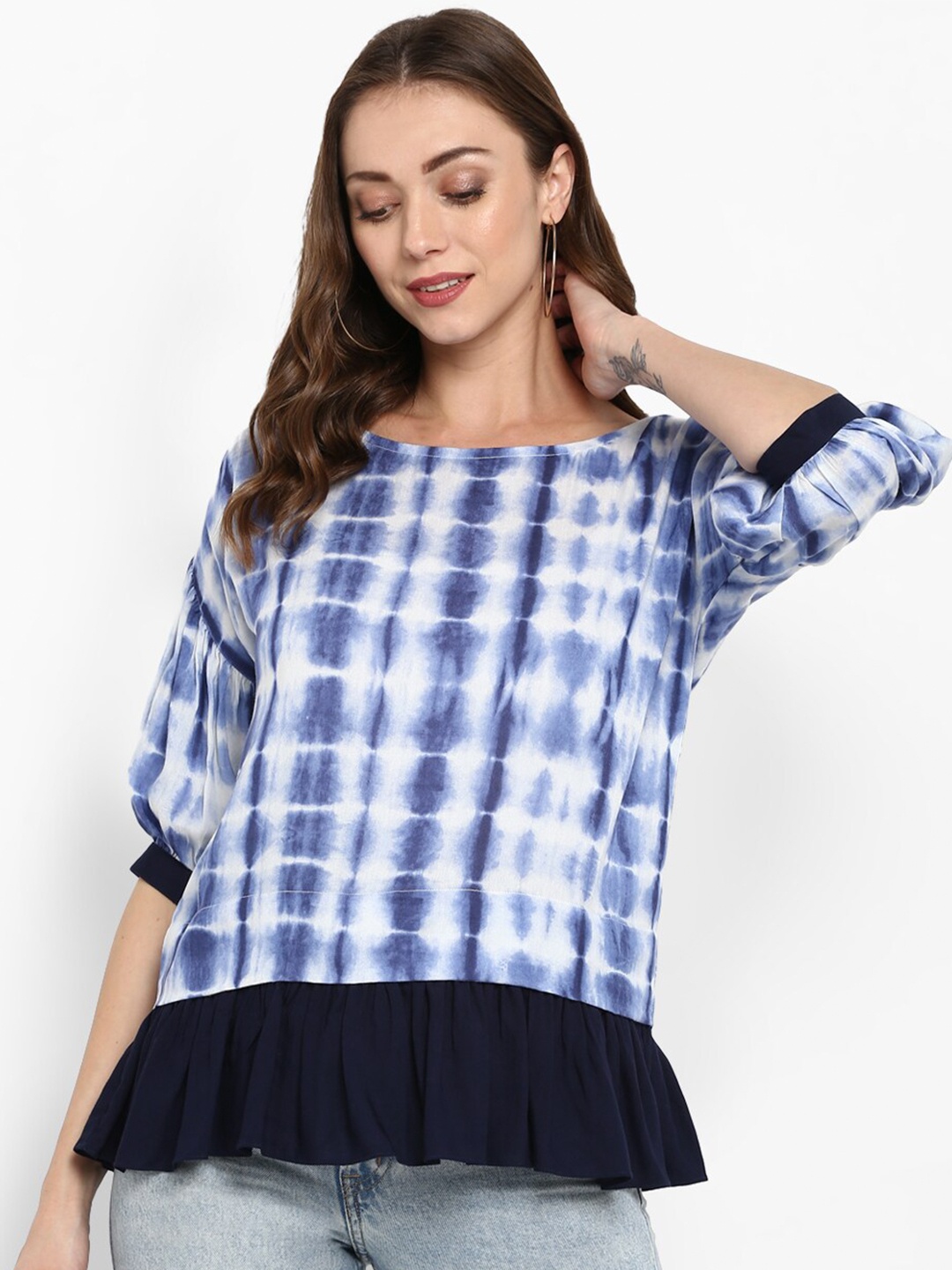 

DEEBACO Blue Tie and Dye A-Line Top