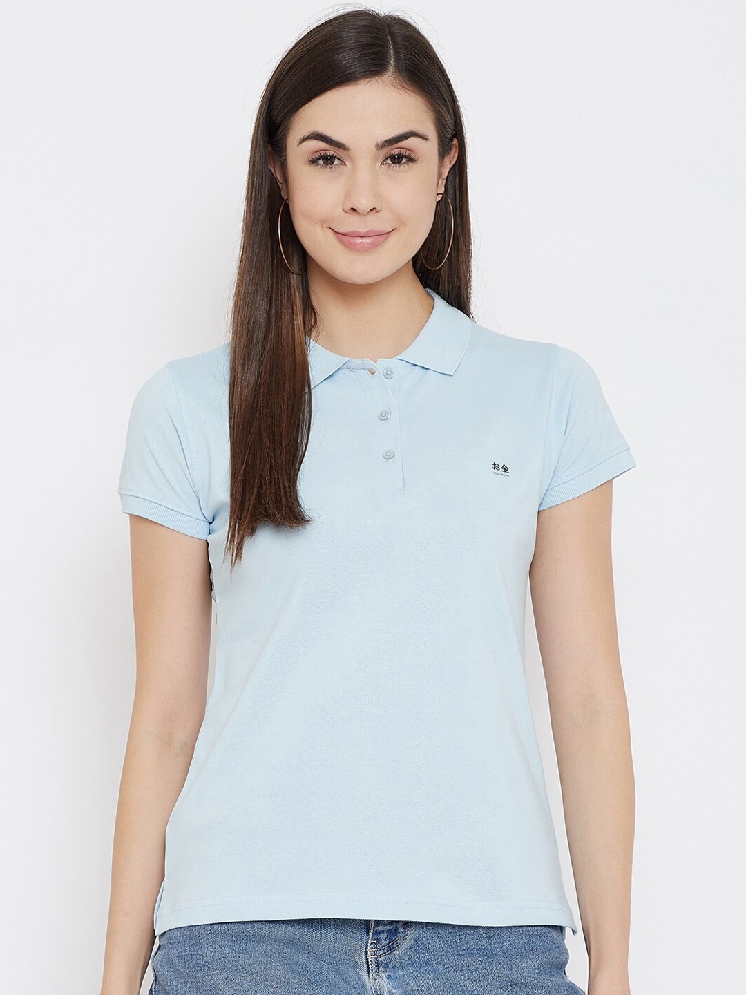 

Okane Women Blue Polo Collar Applique T-shirt