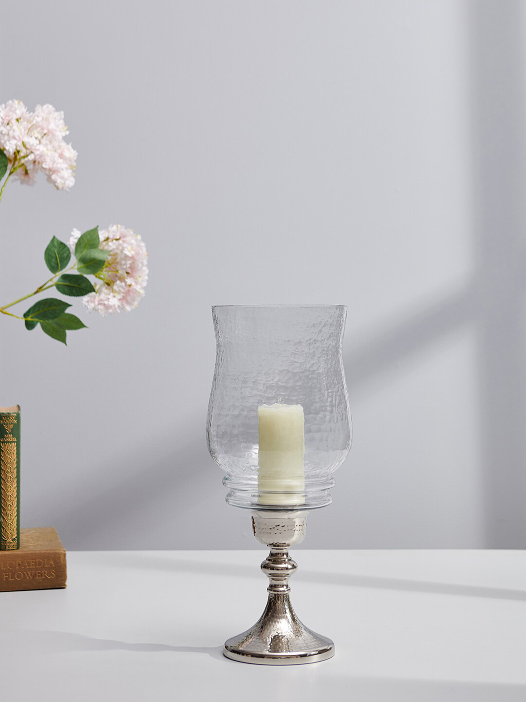 

Pure Home and Living Transparent & Silver-Toned Glass Nickel Finish Hazel Hurricane Candle Holder