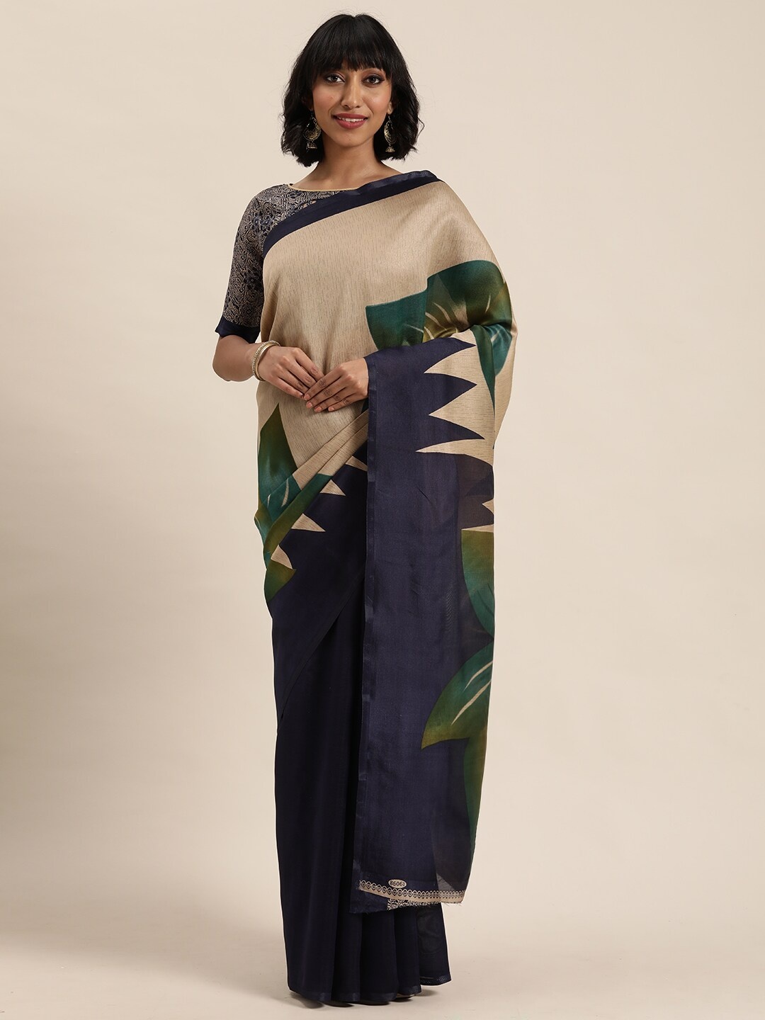 

KALINI Cream-Coloured & Blue Floral Silk Blend Bhagalpuri Saree