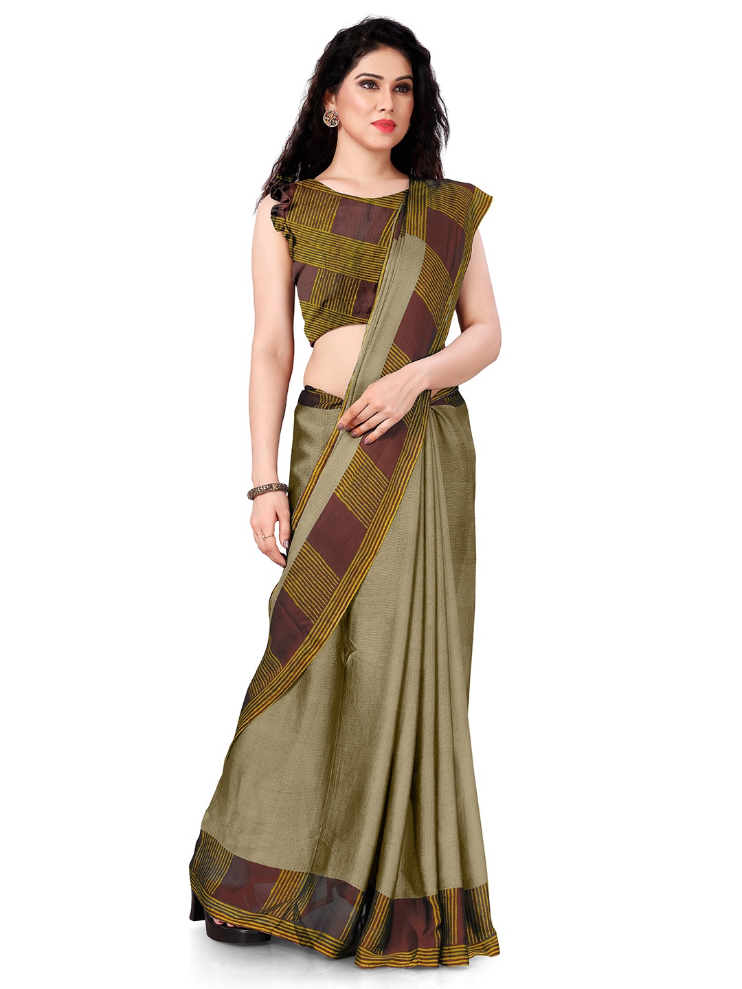 

KALINI Beige & Maroon Checked Poly Chiffon Saree