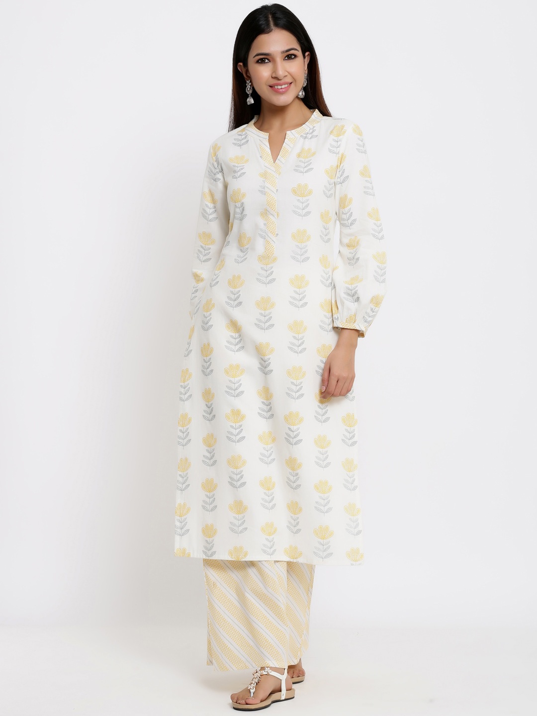 

Indian Virasat Women White Floral Printed Pure Cotton Kurta with Palazzos