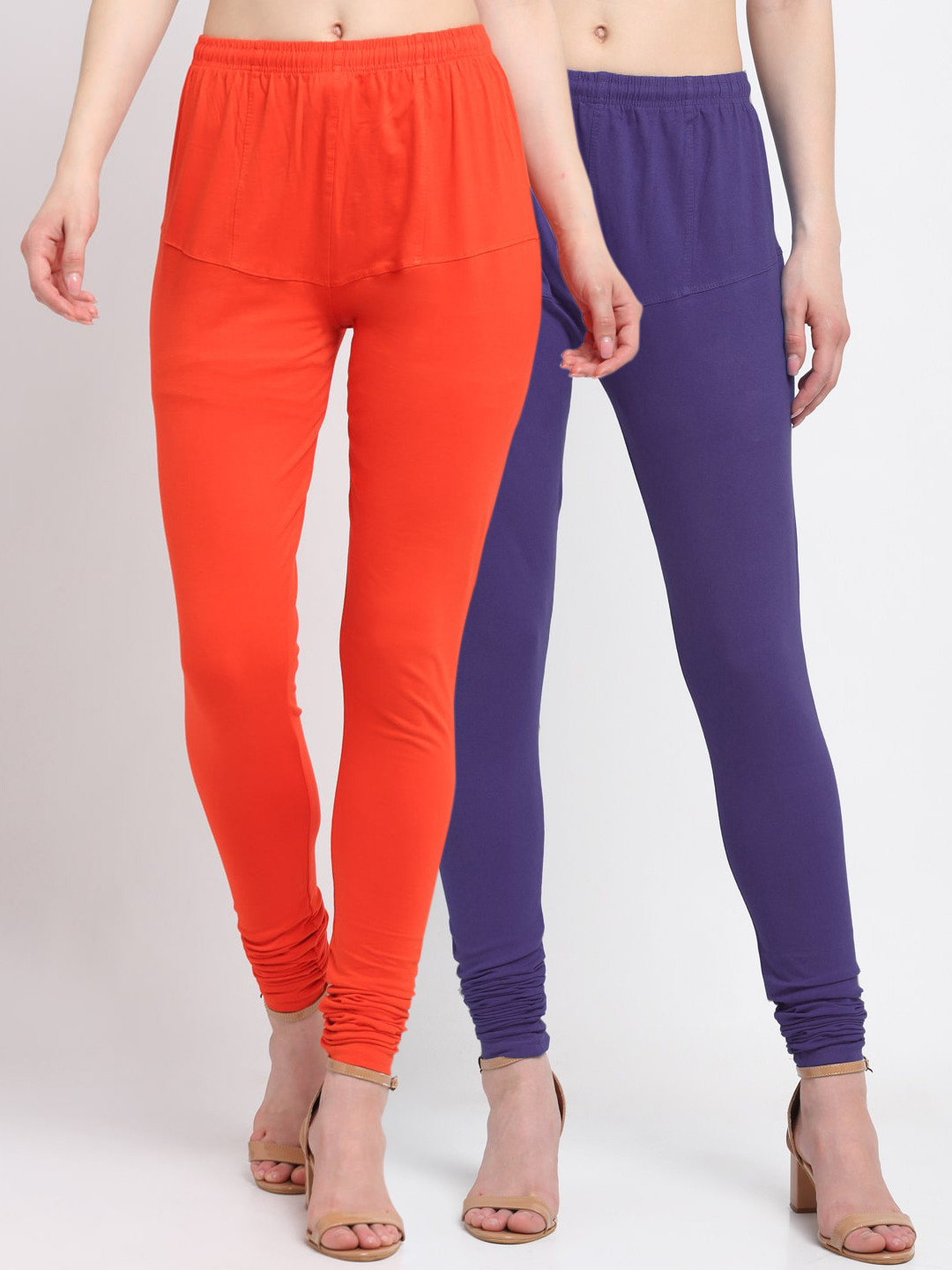 

KLOTTHE Women Pack Of 2 Solid Purple & Orange Cotton Churidar-Length Leggings