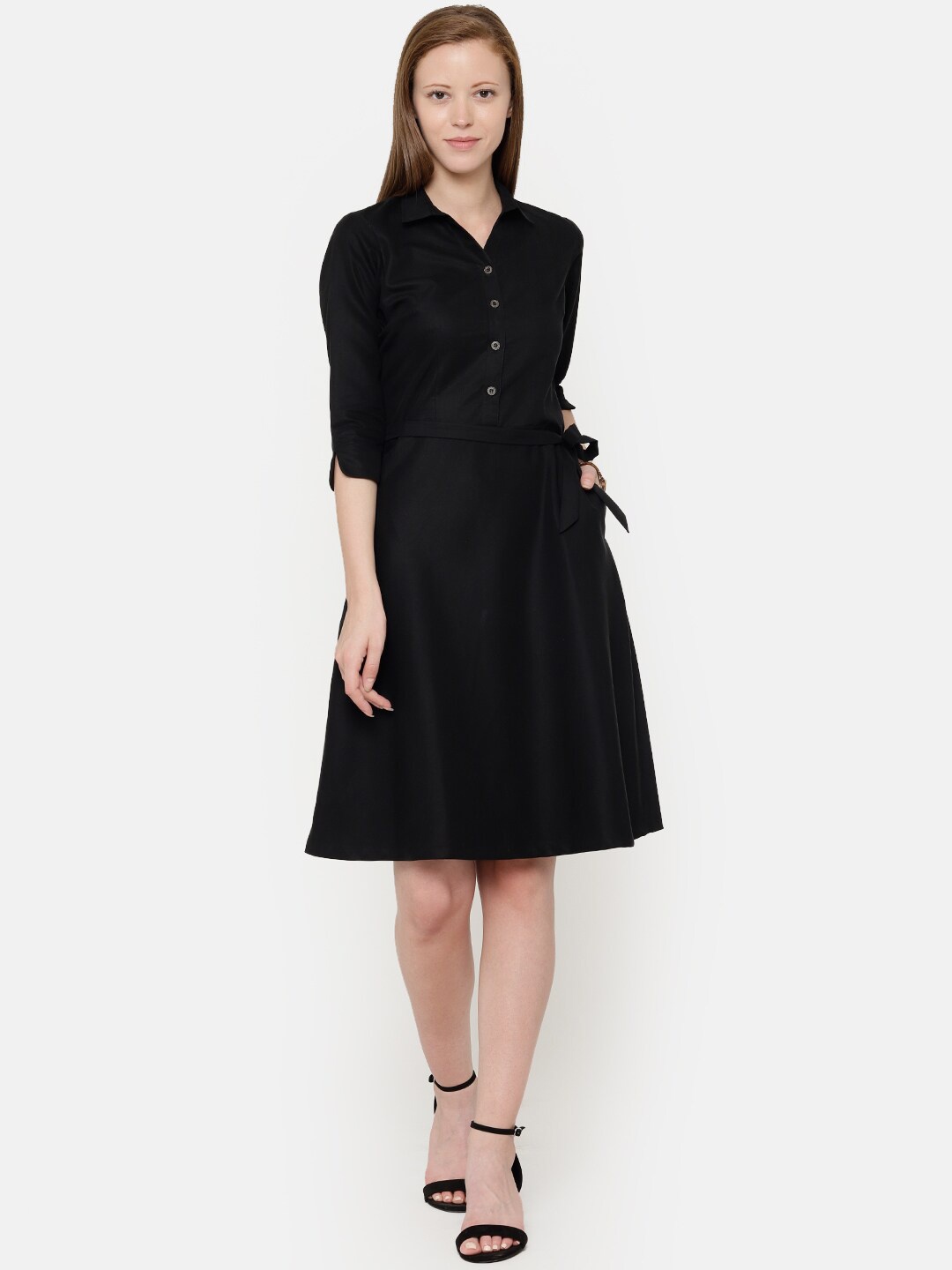 

CINNAMON CLOSET Women Black Shirt Dress With Waist Belt
