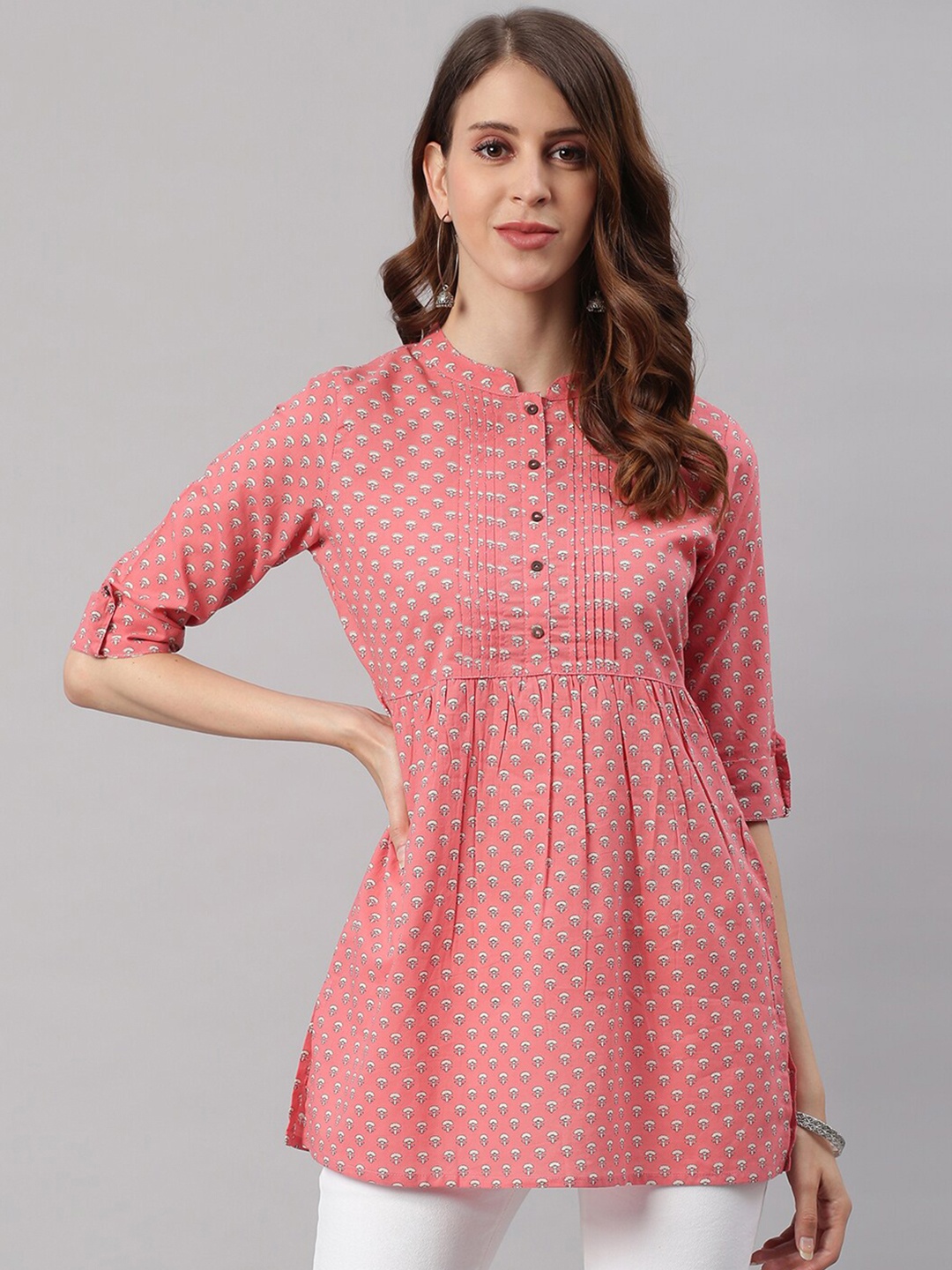 

Janasya Pink & Off White Mandarin Collar Printed Tunic