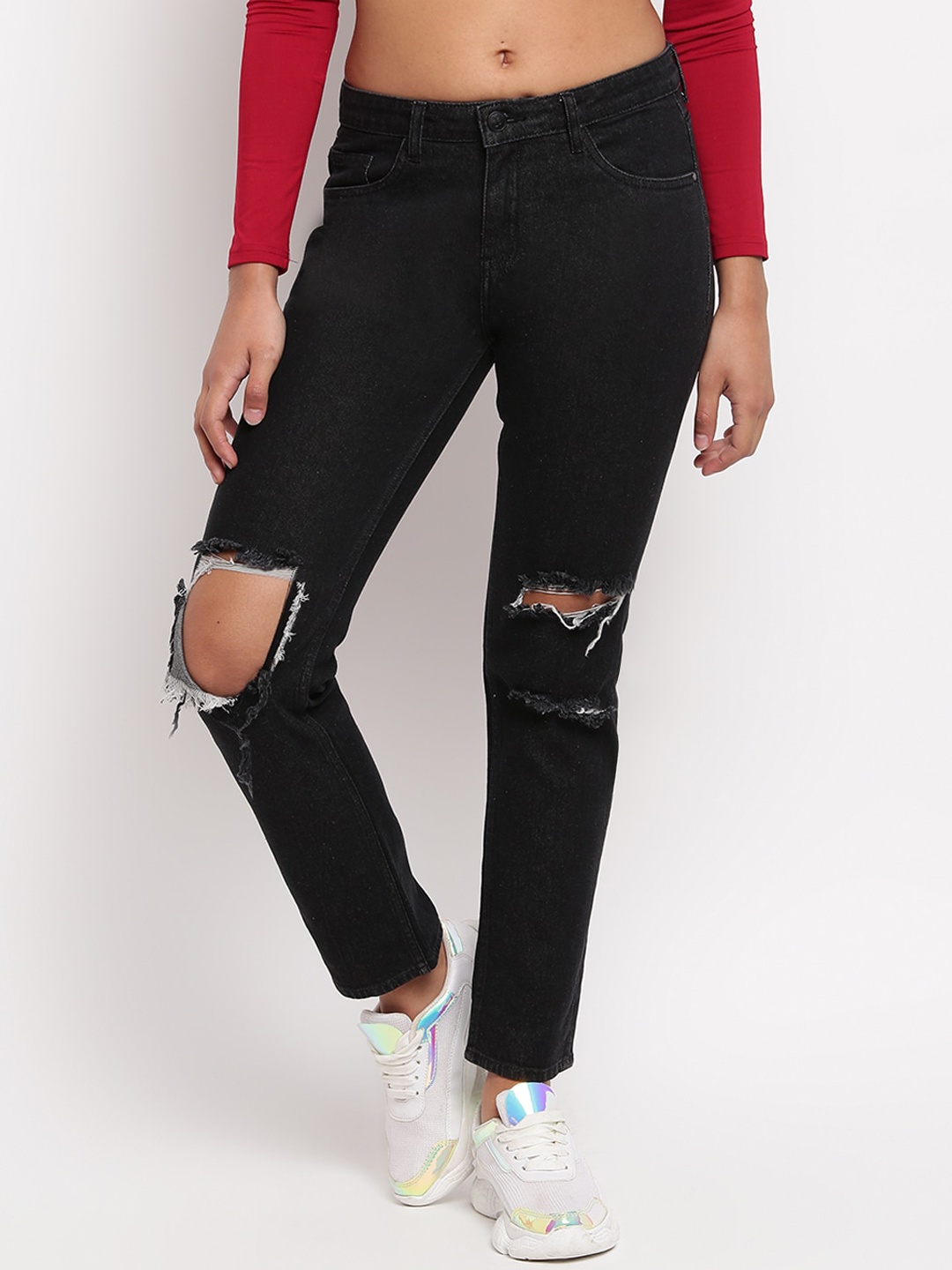 

TALES & STORIES Women Black Cotton Blend Slash Knee Jeans