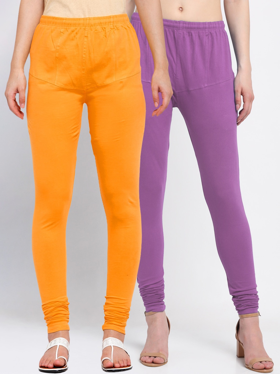 

KLOTTHE Women Pack Of 2 Lavender-Coloured & Orange Solid Churidar-Length CottonLeggings
