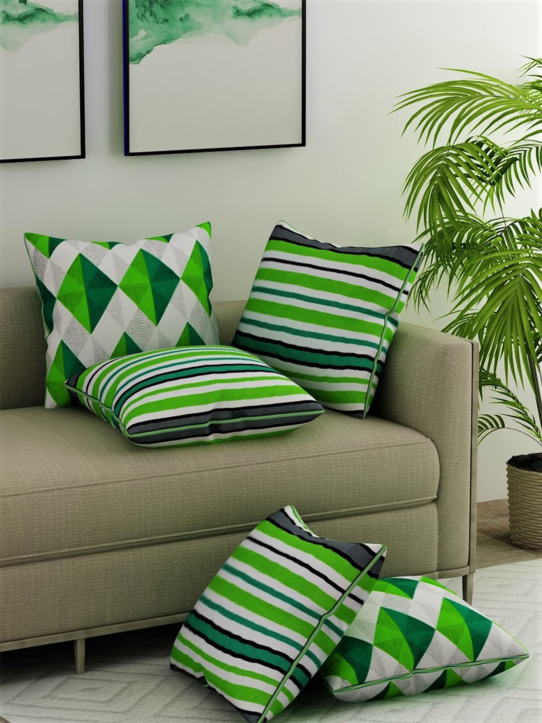 

Salona Bichona Green & White Set of 5 Striped Satin Square Cushion Covers