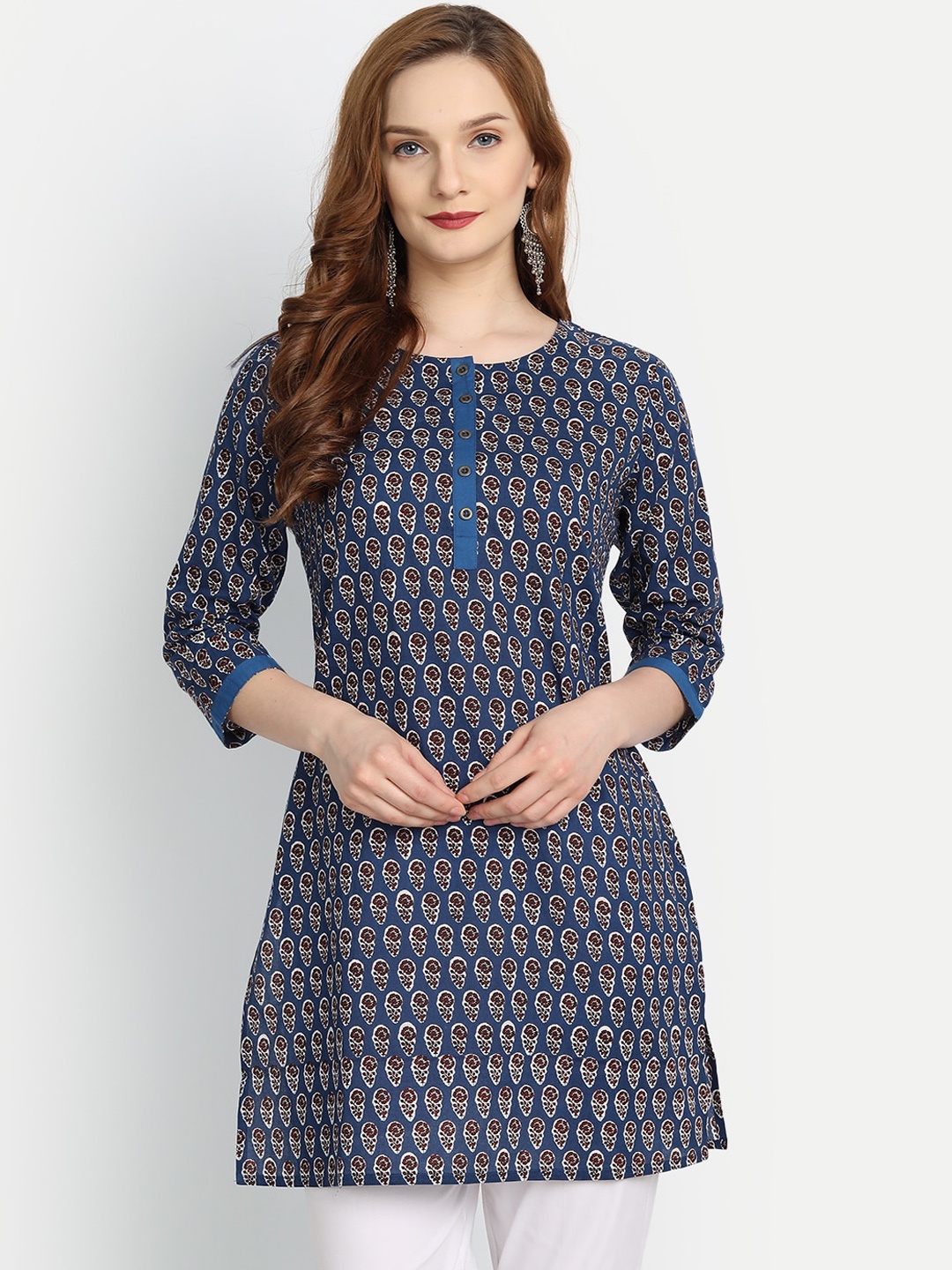

fabGLOBAL Women Blue Ethnic Motifs Printed Handloom Kurta