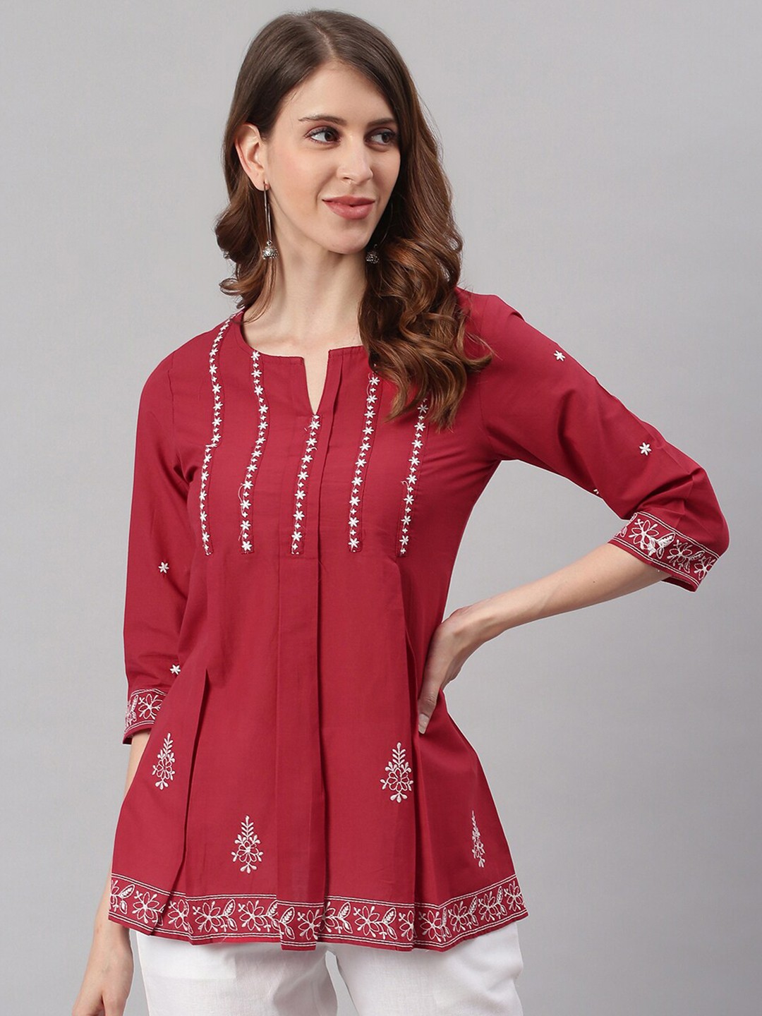 

Janasya Maroon & White Embroidered Tunic