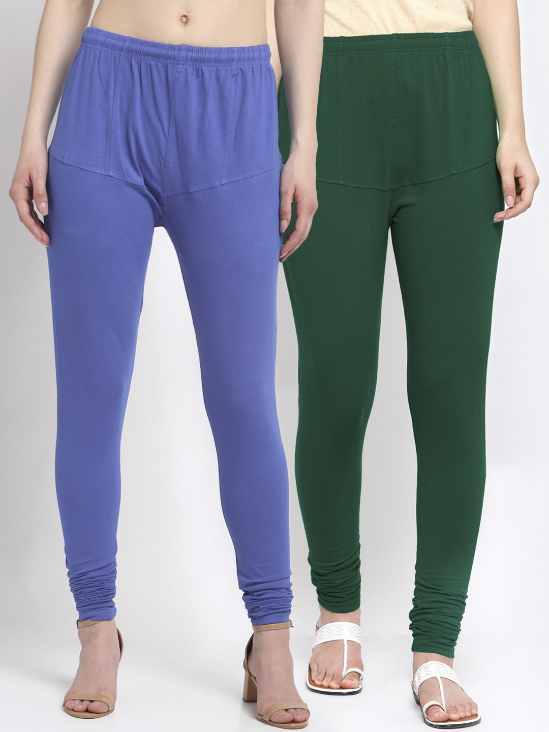 

KLOTTHE Women Pack Of 2 Blue & Green Solid Churidar-Length Cotton Leggings