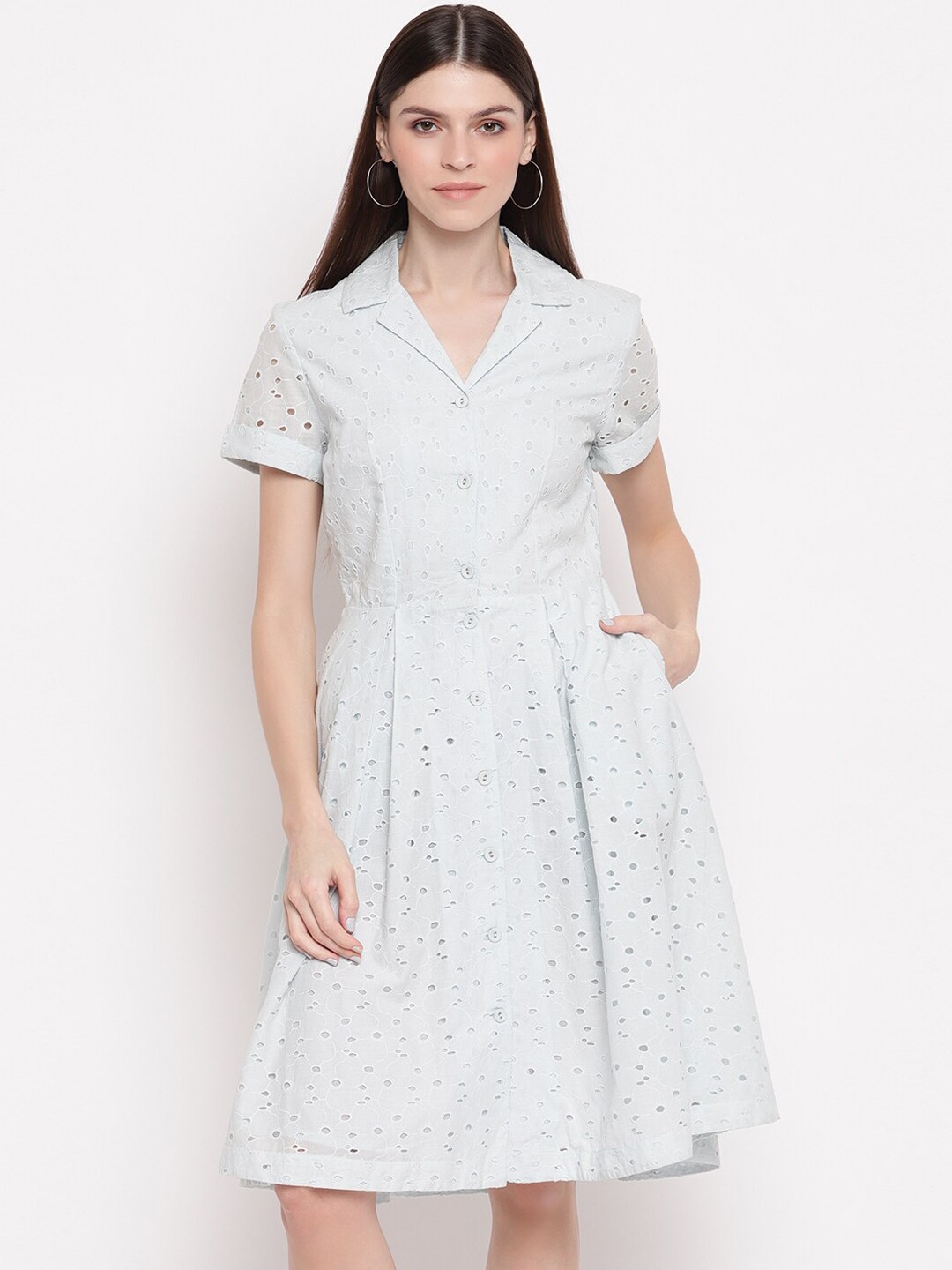 

sandy AND ritz Women Blue Schiffli Embroidered Fit and Flare Dress