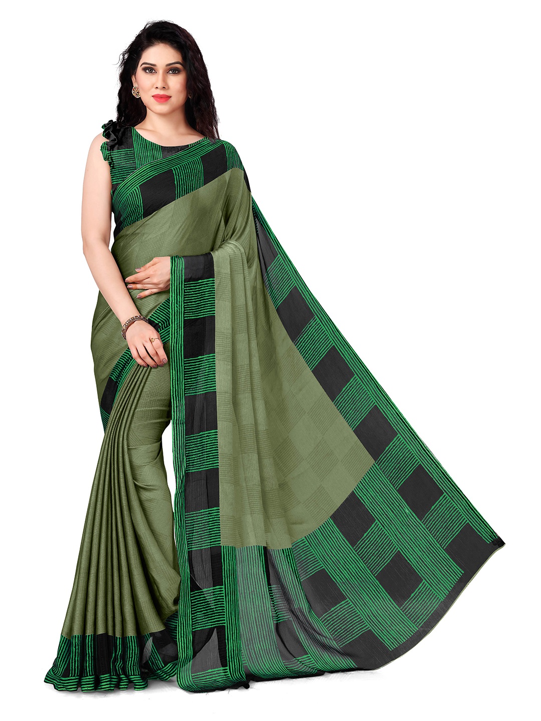 

KALINI Green & Black Checked Saree