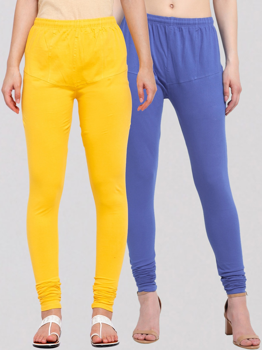 

KLOTTHE Women Pack Of 2 Blue & Yellow Solid Cotton Churidar-Length Leggings