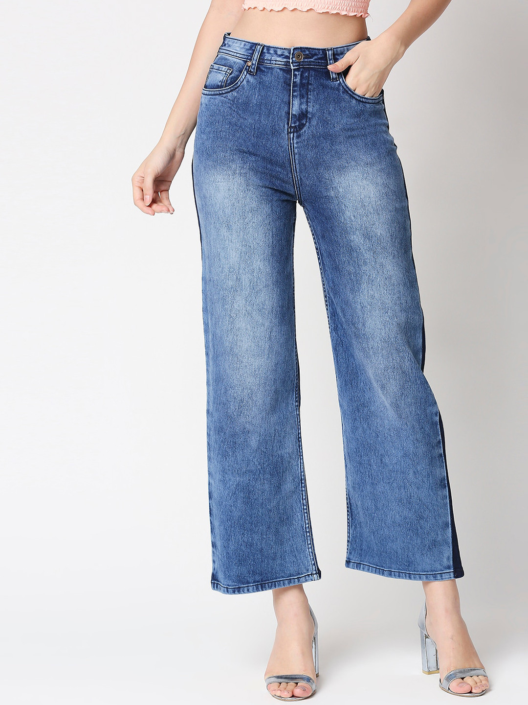 

High Star Women Blue Wide-Leg Fit High-Rise Heavy Fade Stretchable Jeans
