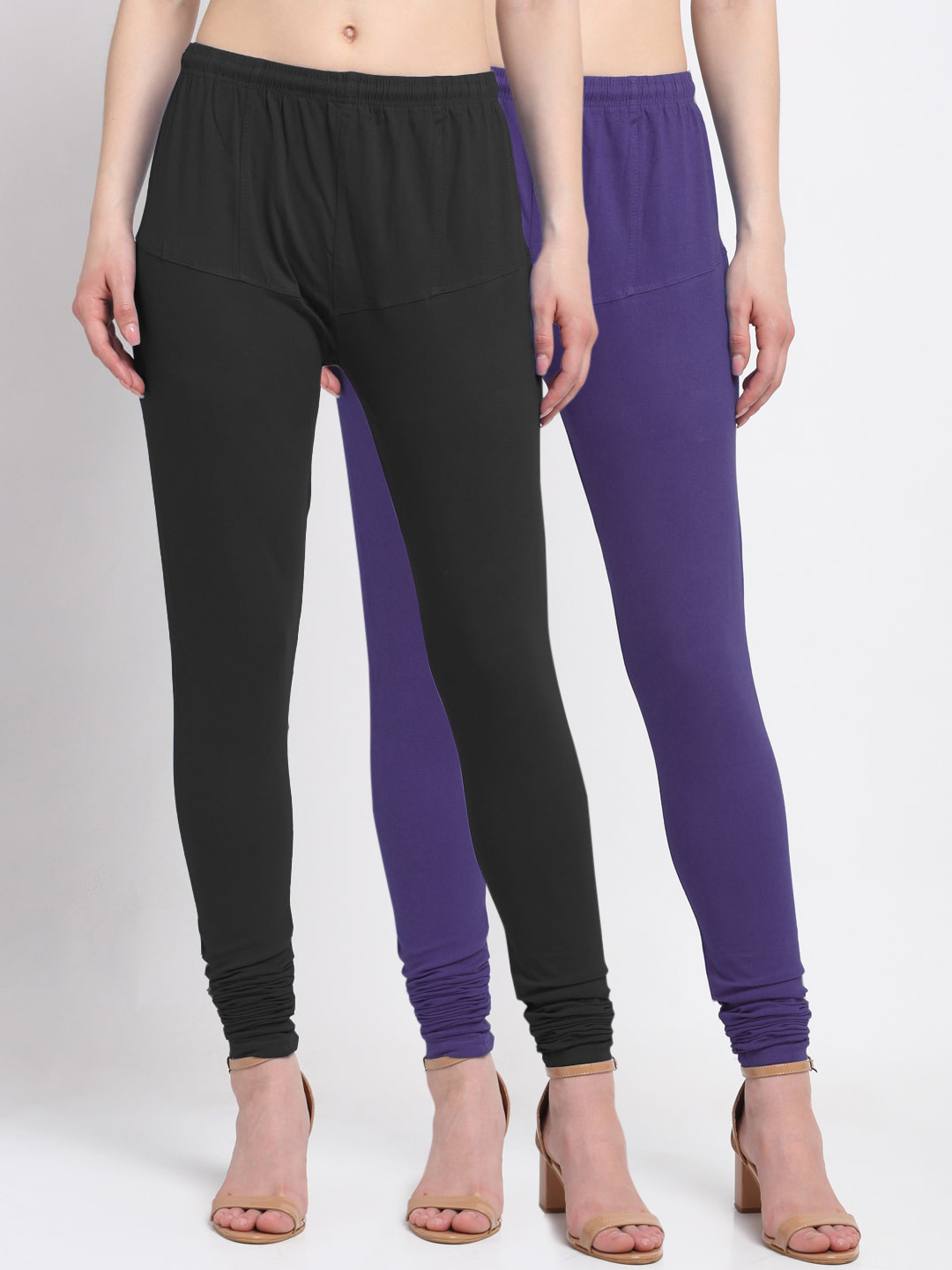 

KLOTTHE Women Pack Of 2 Black & Purple Solid Churidar-Length Cotton Leggings