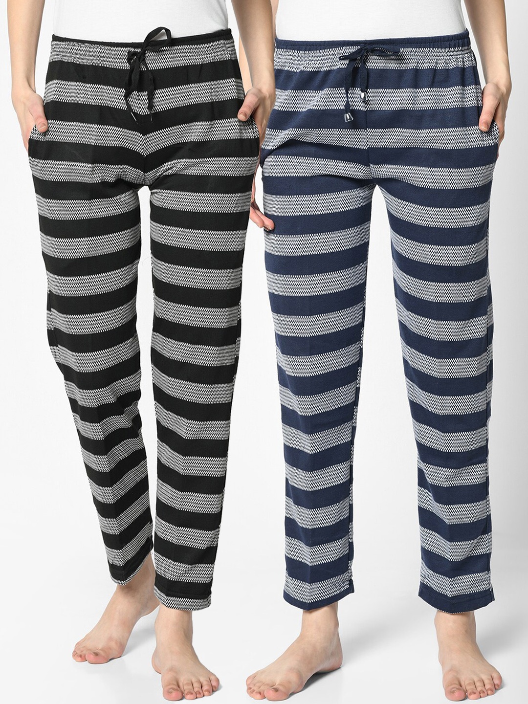 

VIMAL JONNEY Women Pack Of 2 Black & Grey Striped Lounge Pants