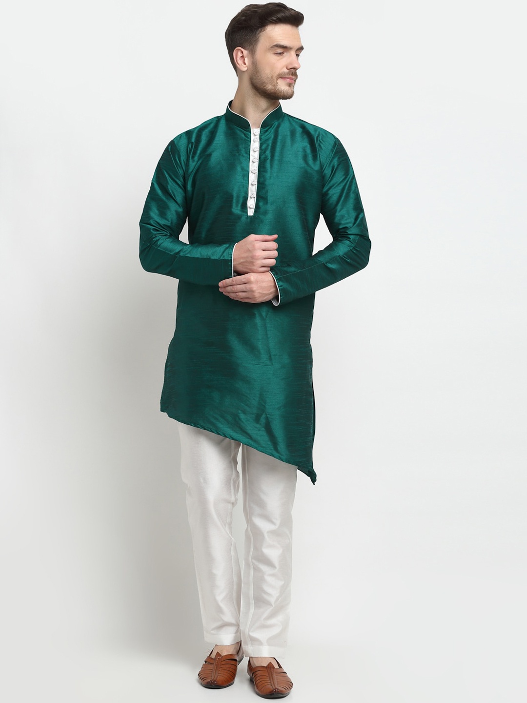 Benstoke Men Green Dupion Silk Kurta with Pyjamas