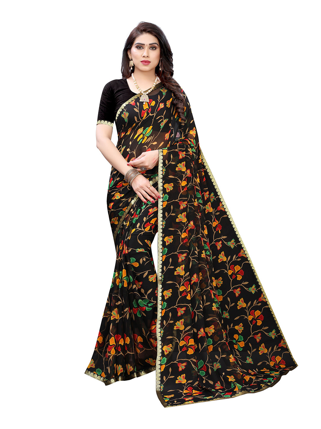 

KALINI Black & Yellow Floral Pure Chiffon Saree