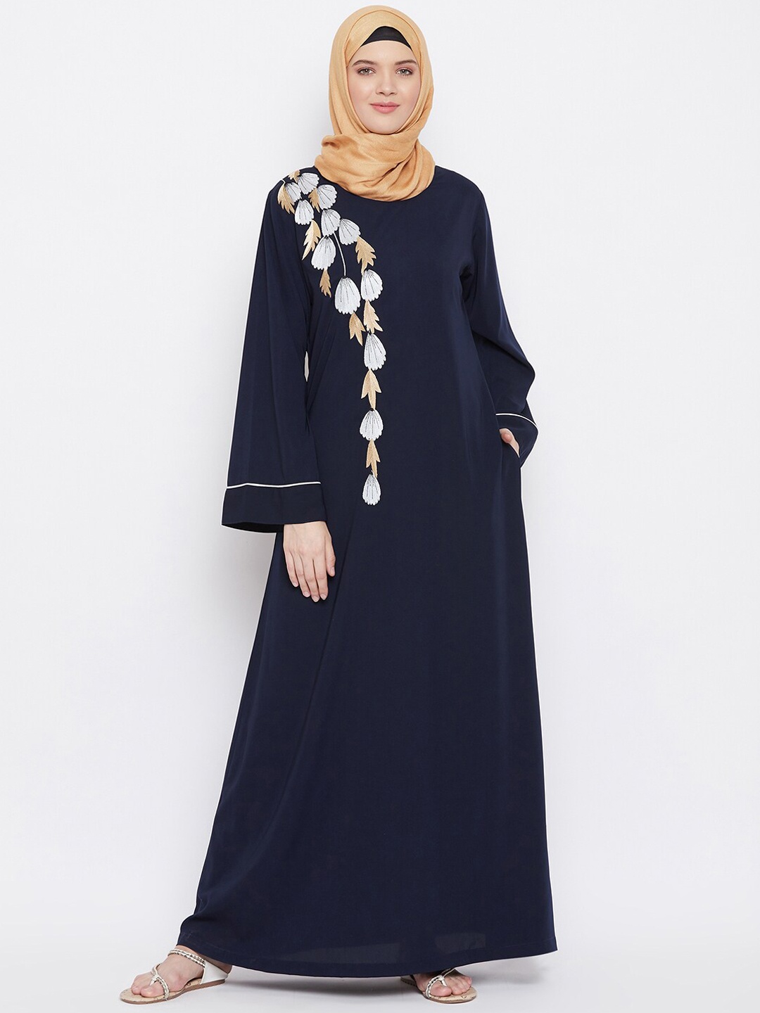 MOMIN LIBAS Women Navy Blue Polyester Embroidered Abaya Burqa