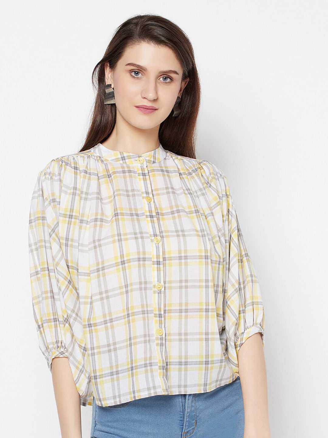 

Purple State White Checked Mandarin Collar Puff Sleeve Regular Top