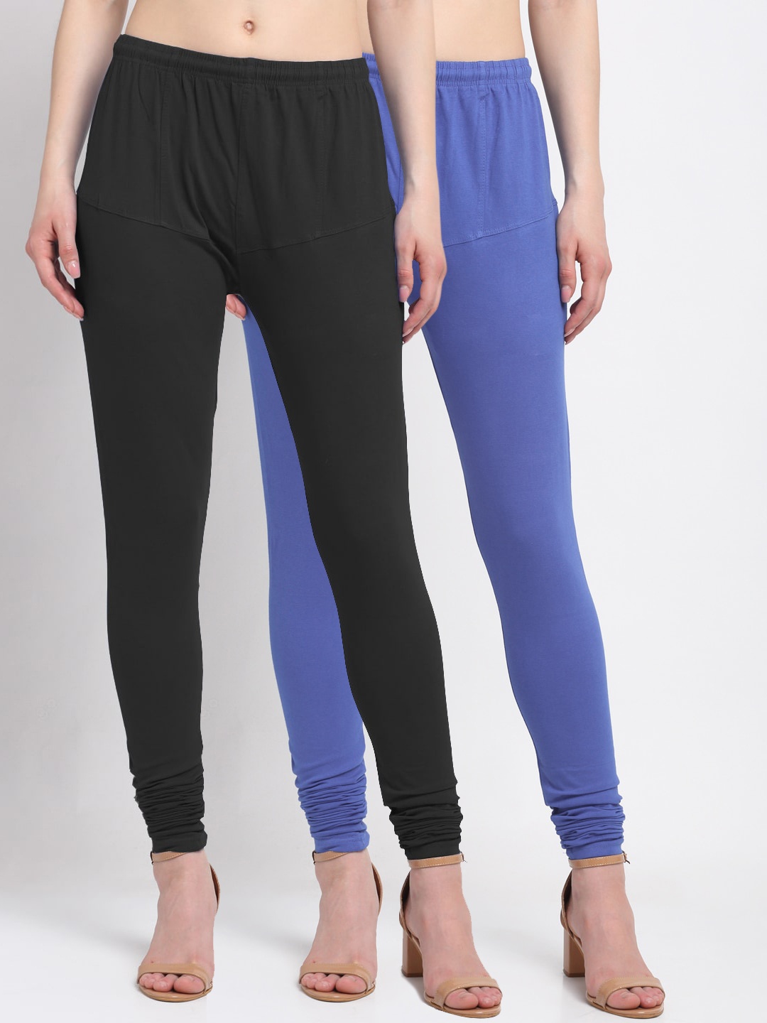 

KLOTTHE Women Pack Of 2 Blue & Black Solid Churidar-Length Cotton Leggings