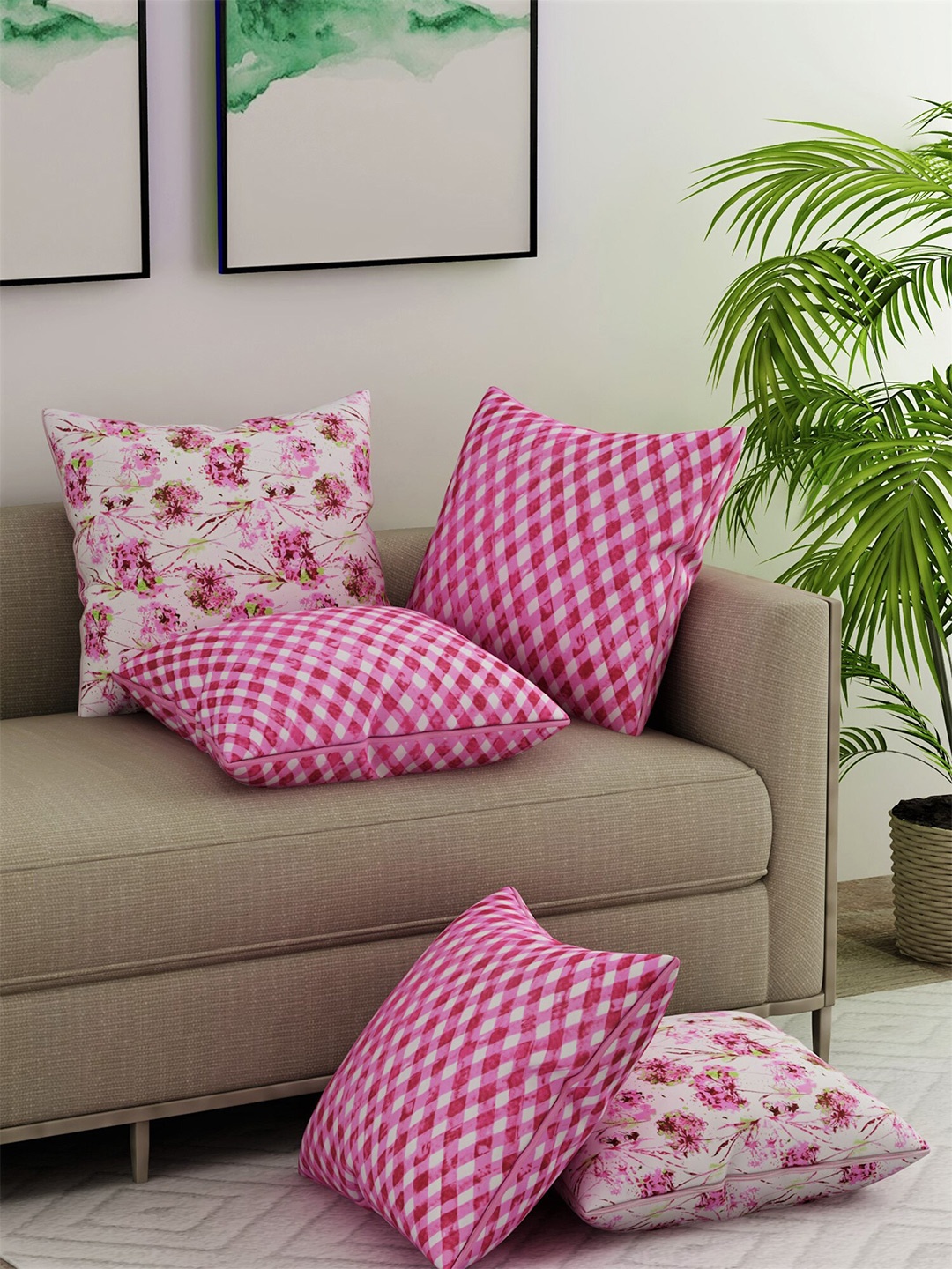 

Salona Bichona Magenta & White Set of 5 Floral Satin Square Cushion Covers