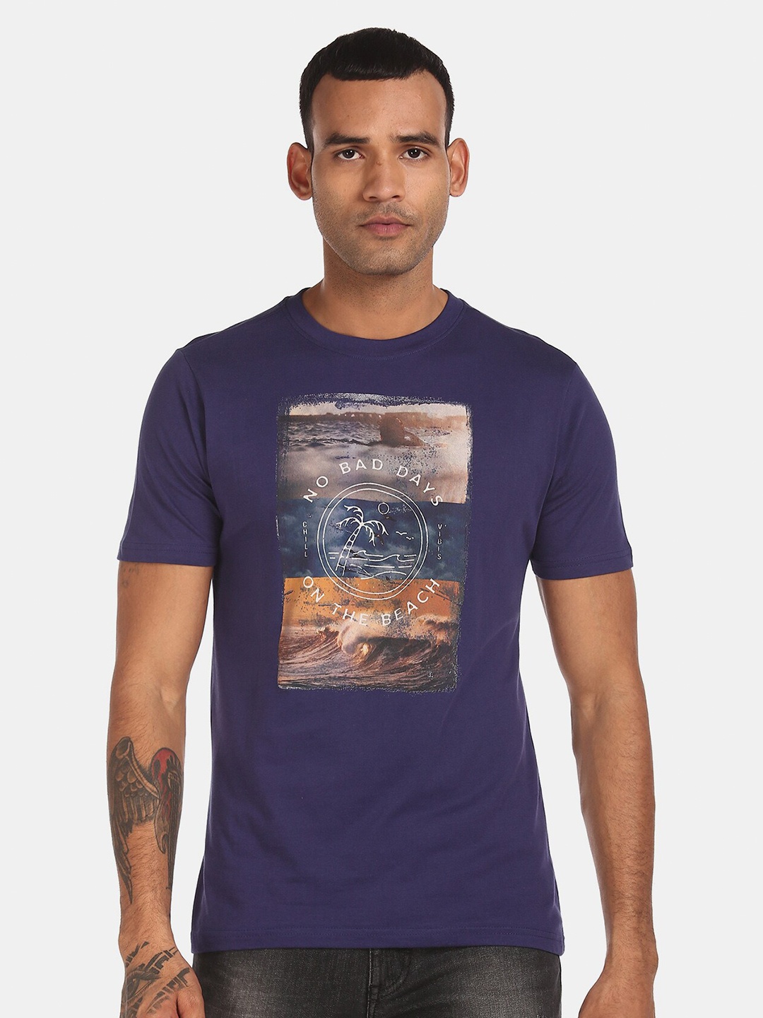 

Colt Men Navy Blue Beige Printed Cotton Pure Cotton T-shirt
