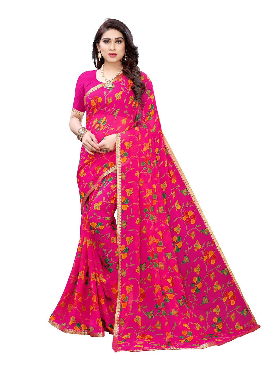 

KALINI Pink & Yellow Floral Pure Chiffon Saree