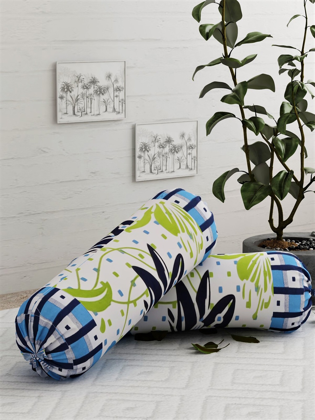 

Salona Bichona Set Of 2 Blue & Green Printed 104 TC Pure Cotton Bolster Covers