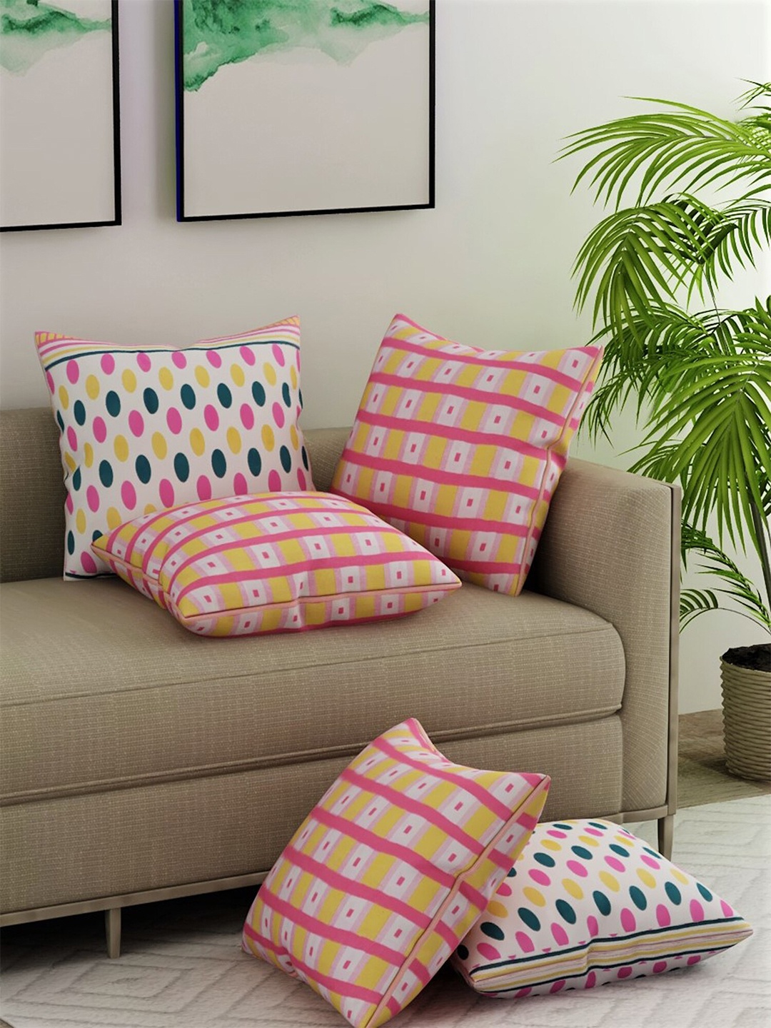 

Salona Bichona Set of 5 Striped & Printed Square Cushion Covers, Yellow