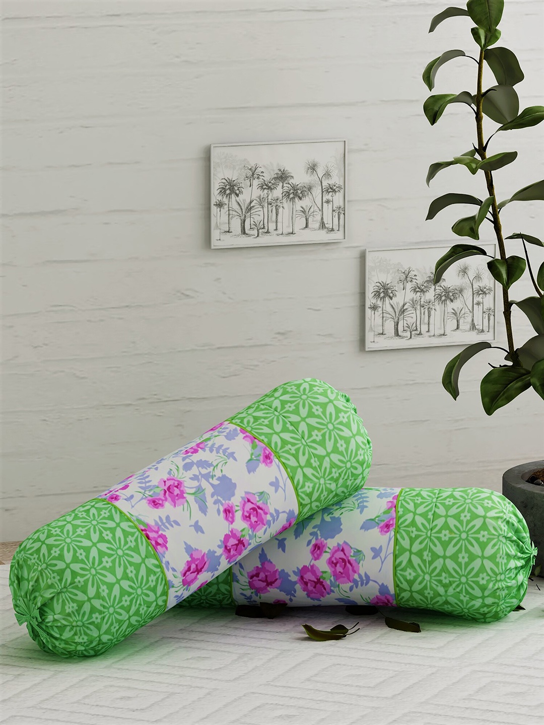 

Salona Bichona Set Of 2 Lime Green & White Floral Printed Pure Cotton 210 TC Bolster Covers
